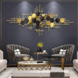 ULTRA SHINE HOME DECOR 3D Creative Hexagon & Lines Geometric Metal Wall Art for Home Decoration, Bedroom, Living Room, Hotel & Restaurant Decor (52 x 25 Inch)