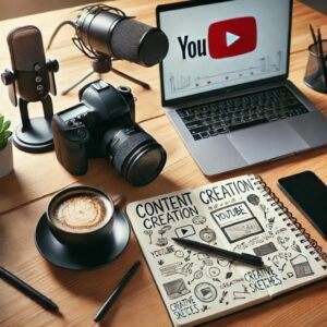 Camera, microphone, and laptop arranged for content creation and personal branding.