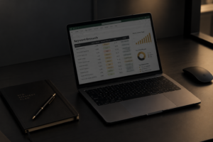 Laptop displaying keyword research data for an SEO keyword research project.